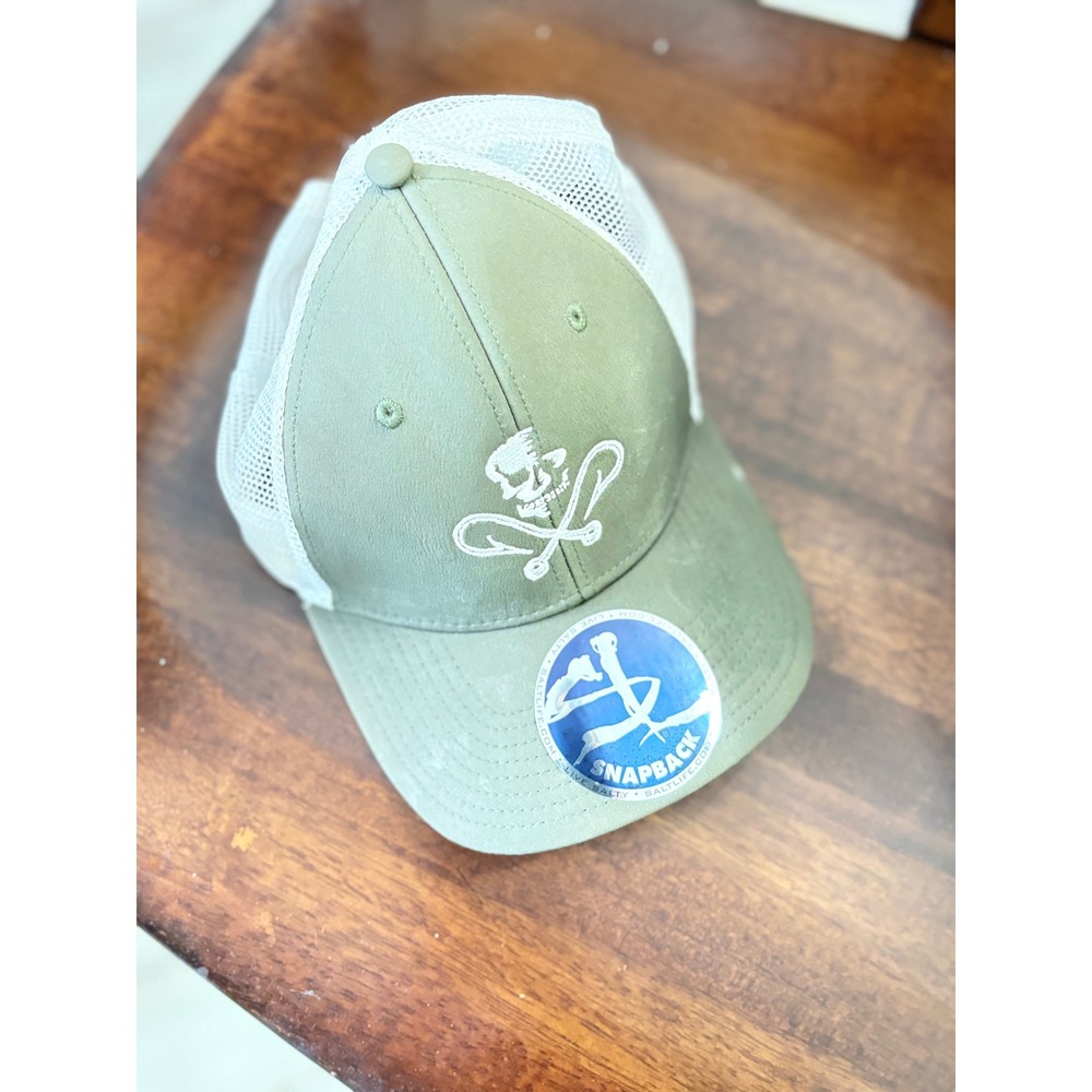 Salt Life Mens Trucker Hat Olive Green White Mesh Snapback Skull Fishhook Cap